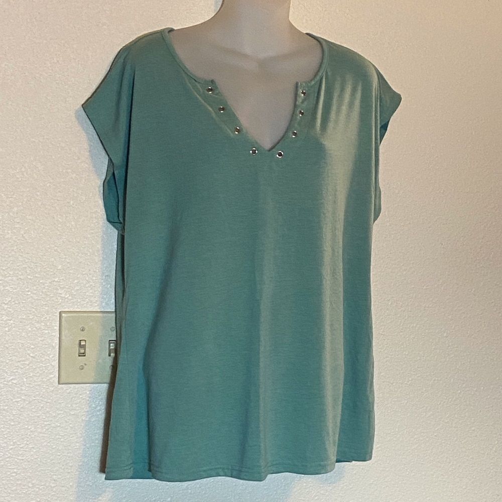 Relaxed V-Neck Short Sleeve Top in Mint Green with Stud Accents
